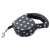 Black and white polka dot retractable dog leash with a 5 meter length and 15kg weight capacity