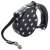 Black and white polka dot retractable dog leash with a 5 meter length and 15kg weight capacity