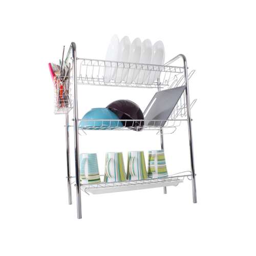 Praktikus three-tier dish rack with dishes, bowls, cups, and cutlery