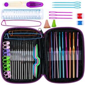 Crochet hook set with case, includes 22 crochet hooks, scissors, stitch markers, ruler, needles, and more - Crochet Hook
