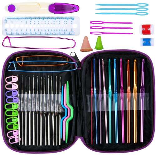 Crochet hook set with case, includes 22 crochet hooks, scissors, stitch markers, ruler, needles, and more