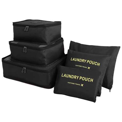 Set of 6 black travel organizers for luggage, including laundry pouches