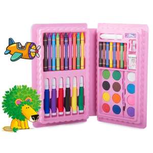 Pink art set with crayons, markers, oil pastels, watercolor paints, pencil sharpener, glue, eraser, and a paintbrush - Writing Tool Set