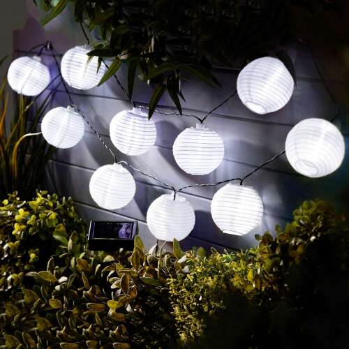 Szolár lampion fényfüzér - 10 db fehér lampion, hidegfehér LED - 3,7 m 32152802