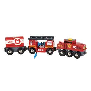 BRIO World Rescue Firefighting Train, un set de tren de jucărie roșu cu o locomotivă de pompieri, o scară și un vagon cisternă - Tren, element feroviar, autostradă
