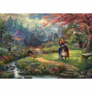 Schmidt Spiele Disney Mulan 1000-piece jigsaw puzzle featuring Thomas Kinkade's 'Mulan Makes Blossoms of Love' painting. - Schmidt Puzzle