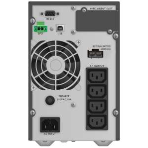 PowerWalker VFI 1000 TGB UPS hátsó panel csatlakozásokkal, beleértve az AC bemenetet, AC kimenetet, USB-t, RS232-t, EPO-t és külső akkumulátort - Power Walker