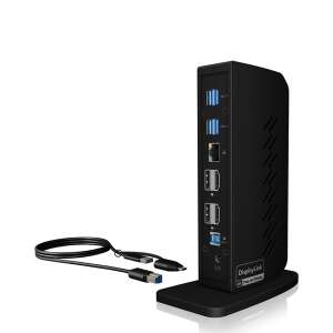 Универсална докинг станция ICY BOX IB-DK2252AC 40W, черна, с технология DisplayLink, поддръжка на два 4K монитора, 6 USB 3.0 порта, Gigabit Ethernet, аудио вход/изход - Докинг станция