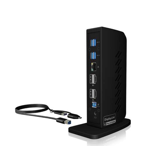 Универсална докинг станция ICY BOX IB-DK2252AC 40W, черна, с технология DisplayLink, поддръжка на два 4K монитора, 6 USB 3.0 порта, Gigabit Ethernet, аудио вход/изход