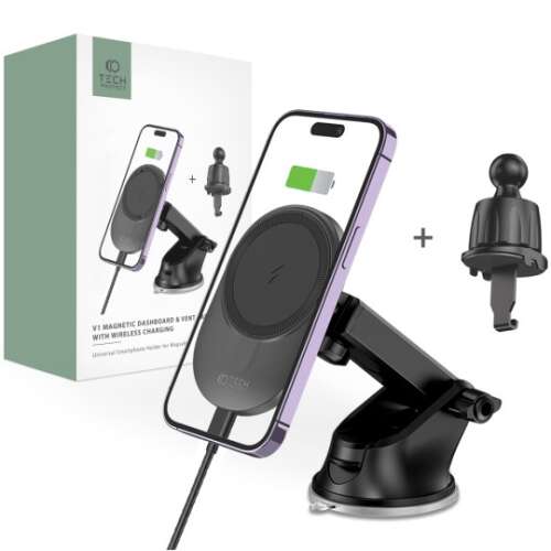 Tech-Protect V1 Magnetic 2 az 1-ben autós tartó, MagSafe-kompatibilis, műszerfal/szellőző tartó, 15 W, USB-C kábel 1 m-es, fekete