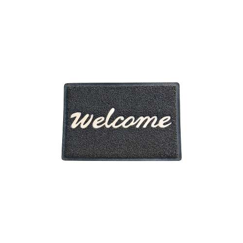 Black welcome doormat with white welcome text