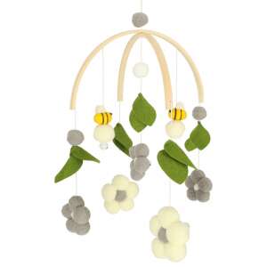 Baby crib mobile with bees and flowers, grey and yellow, wooden frame - Kik