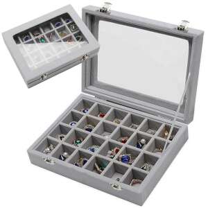 VG-01777 Grey Velvet Jewelry Box Organizer with 24 Compartments and Glass Lid - Jewelry Box