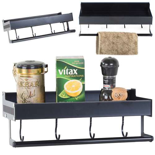 Black wall mounted spice rack with hooks and towel bar, VG-24255