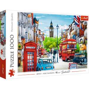 Puzzle Trefl cu 1000 de piese, reprezentând panorama Londrei cu Big Ben, autobuze roșii cu două etaje și o cabină telefonică roșie - Trefl Puzzle