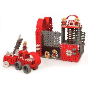 Set de blocuri de construcție Marioinex Mini Waffle Pompier, 185 de piese, include stație de pompieri, camion de pompieri, pompieri și câine - Jocuri creative și de construcție