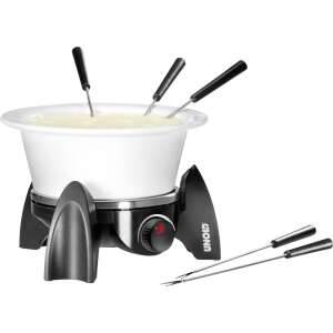Zestaw fondue Unold 48615 z ceramiczną miską do fondue czekoladowego, garnkiem ze stali nierdzewnej do fondue serowego lub mięsnego, 6 widelcami do fondue, czarną podstawą z regulacją temperatury - Zestaw do fondue