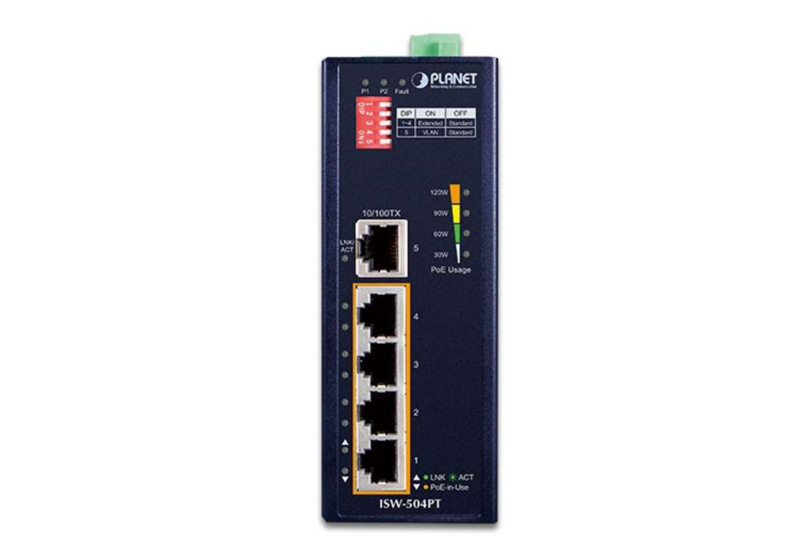 PLANET 5-Port Industrial Ethernet Switch w/ 4 PoE (-40~75 (ISW-504PT)