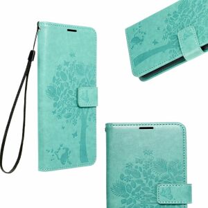 Collage der grünen Forcell Mezzo Samsung A34 5G Brieftasche mit Baumdesign und Handschlaufe - Handyhüllen