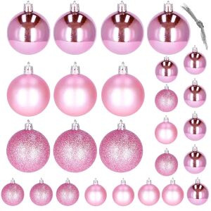 Set mit 26 rosa Springos Weihnachtskugeln in verschiedenen Größen und Ausführungen - Christbaumschmuck