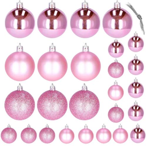 Set of 26 pink Springos Christmas tree ornaments in various sizes and finishes
