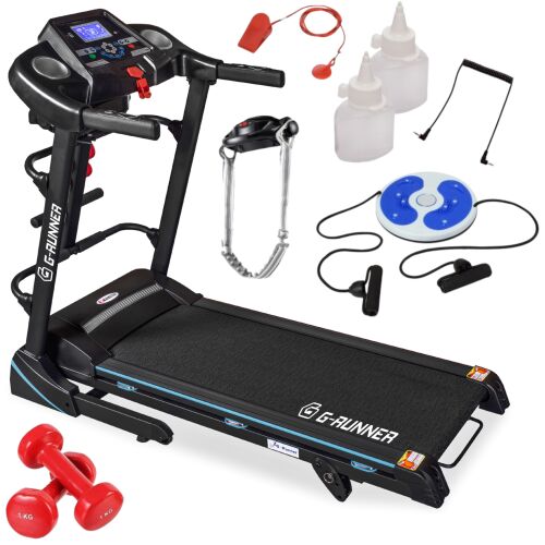 G-Runner 420 folding electric treadmill with massage belt, twister, dumbbells, and accessories
