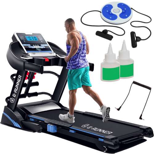 G-Runner 550 electric treadmill with massage belt and accessories, including twister, silicone oil, weights, and jack-jack cable