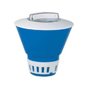 Floating chemical dispenser for swimming pools, blue and white, with adjustable release rate