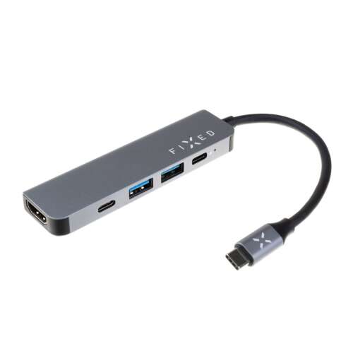 FIXED HUB Mini 5 az 1-ben USB-C Hub, Űrszürke, Alumínium, 2x USB 3.2 Gen1, HDMI 4K, USB-C PD, USB-C 3.2 Gen1