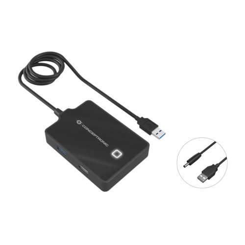 Conceptronic HUBBIES 4-Port USB 3.0/2.0 Hub, black, angled view