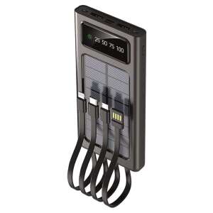 2GO Solar 10000mAh Powerbank, fekete, beépített kábelekkel, napelemes töltéssel - 2GO