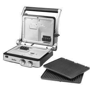 Amica GK4011 electric grill, open, showing grill plates and drip tray - Tabletop Grill and Waffle Maker