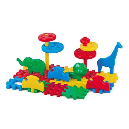 Marionex Waffle Mix 30 piece building set, colorful plastic blocks with animal shapes, giraffe, elephant, rhino, lion, and more