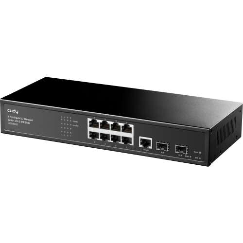 Изглед под ъгъл на Cudy GS2008S2 8-портов Gigabit Ethernet Switch с 2 SFP слота