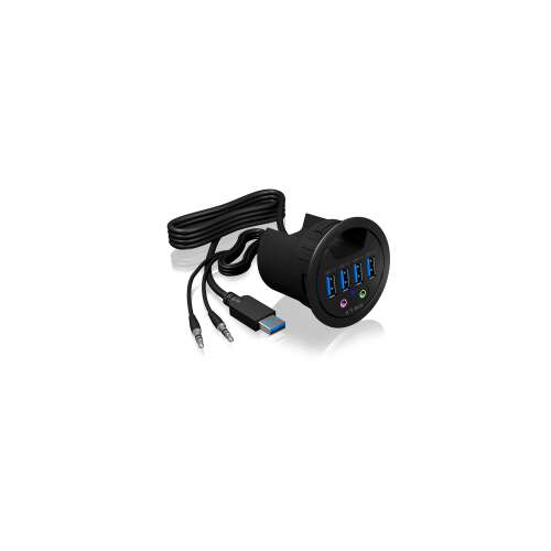 IcyBox USB 3.0 Desktop-Hub mit 4 Ports, Audio-Eingang und -Ausgang, schwarz