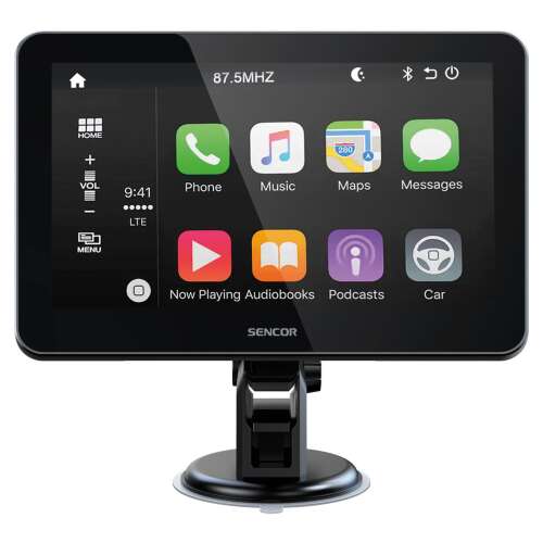 Sistem multimedia auto Sencor SCT M750BWT cu suport Android Auto și Apple CarPlay, ecran tactil IPS de 7 inci, rezoluție HD 1024 x 600, conexiune wireless, reconectare automată, control vocal, Wi-Fi și Bluetooth încorporat, cameră de marșarier, 1 GB DDR3 RAM, suportă diverse formate audio-video, apeluri Bluetooth handsfree, suport magnetic, adaptor 12-24 V, cablu de alimentare USB-C, cablu Jack 3,5 mm, cameră de marșarier