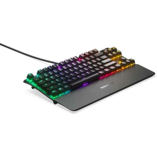 SteelSeries Apex 7 mechanical gaming keyboard with red switches, RGB lighting, and magnetic wrist rest