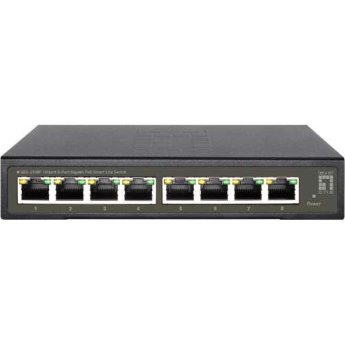 LevelOne GES-2108P Hilbert Gigabit Switch, vedere din față, care arată porturile și LED-urile