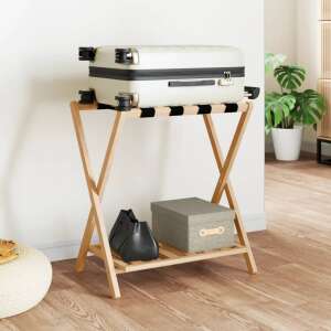 vidaXL bambusz bőröndtartó egy bőrönddel a tetején, egy kézitáskával és egy dobozzal az alsó polcon - Bőrönd kiegészítő