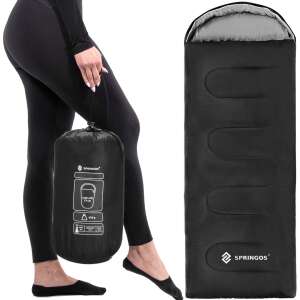 Springos Turista sleeping bag, black, with a drawstring hood, zipper closure, and a carrying bag - Camping & Hiking