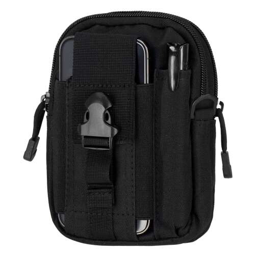 Springos tasak, schwarz, Vorderansicht mit Telefon und Stift in den Taschen