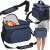 Springos thermal bag, blue, with shoulder strap and handle, two zippered compartments, side mesh pocket, open with food and drinks inside, collage