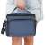 Springos thermal bag, blue, with shoulder strap and handle, two zippered compartments, side mesh pocket, woman carrying the bag