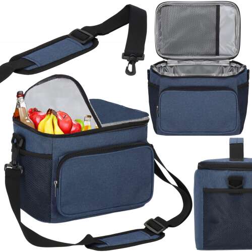 Springos thermal bag, blue, with shoulder strap and handle, two zippered compartments, side mesh pocket, open with food and drinks inside, collage