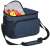 Springos thermal bag, blue, with shoulder strap and handle, two zippered compartments, side mesh pocket, open with food and drinks inside