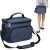 Springos thermal bag, blue, with shoulder strap and handle, two zippered compartments, side mesh pocket, woman carrying the bag