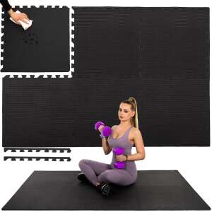 Képösszeállítás, amely egy nőt mutat be, aki edz egy fekete Springos edzőszőnyegen, a szőnyeg közeli képeivel és tisztítási utasításokkal - Springos