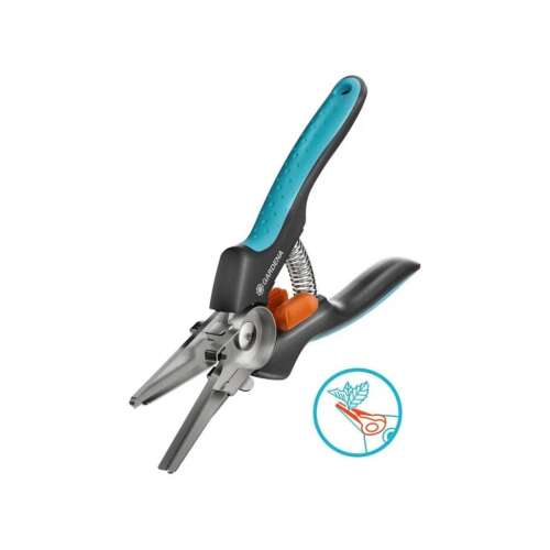 Gardena Harvesting Shears with Pliers Function, blue and black gardening shears with orange accents, isolated on white background