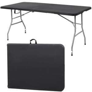 Springos folding table, black, 180 cm, with carrying handle, unfolded and folded view - Springos