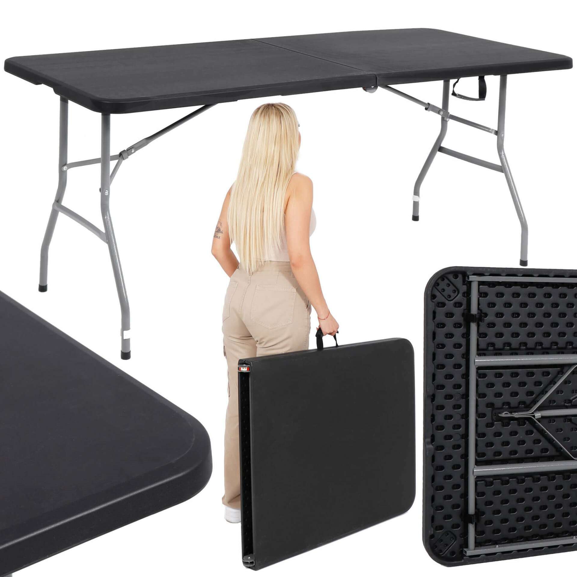 Springos összecsukható Vendéglátóasztal, 180x75cm - Fekete